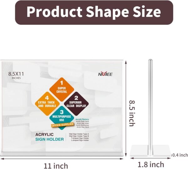 oem/odm niubee acrylic sign holder 8.5x11 inches 6 pack horizontal, t shape double sided clear frames, plastic paper flyer display holder, document menu table stand for office, store -landscape wholesale supplier & factory