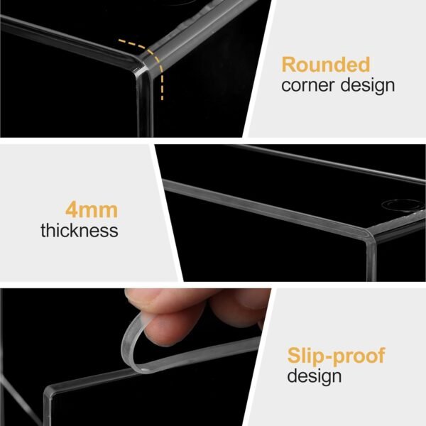 oem/odm 4 pack acrylic risers display stands, display stands for collectibles, clear acrylic shelf for show decor display, toys, cupcake (9.2 x 3 x 5 inches) wholesale supplier & factory