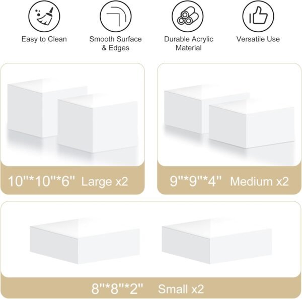 oem/odm buffet risers, food risers for buffet table, display stand shelf for catering dessert collectibles jewelry figures show, white acrylic cube display nesting risers with 6pcs hollow bottoms 8''x9''x10'' wholesale supplier & factory