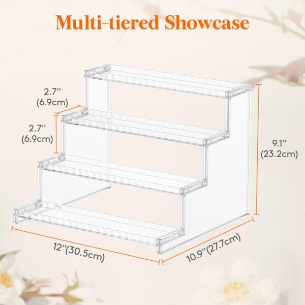 oem/odm lifewit 4 tier clear display risers stand with decorative fences, plastic 12 inch perfume organizer, display for figures, cupcake, dessert, desktop stand for organization and decor, 1 pack wholesale supplier & factory