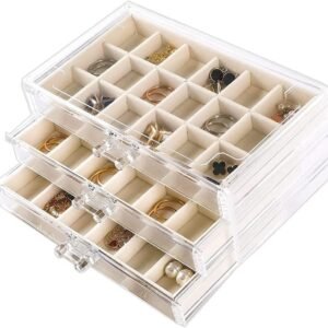 oem/odm earring organizer box acrylic jewelry organizer with 3 drawers 54 adjustable grids clear stackable earring holder velvet trays ring display case for women girls (beige) wholesale supplier & factory
