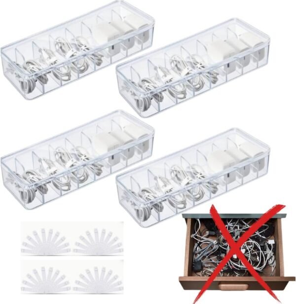 oem/odm 4-pack clear cable management boxes with 40 silicone ties - durable cord organizer storage solution for desk accessories, electronics, cosmetics, jewelry - versatile home & office organization kit wholesale supplier & factory