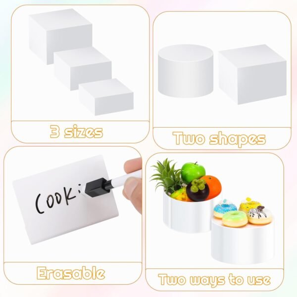 oem/odm 6 pcs food risers with table signs for buffet table, acrylic display box collectible display stand cube cylinder, nesting risers with hollow bottoms wholesale supplier & factory