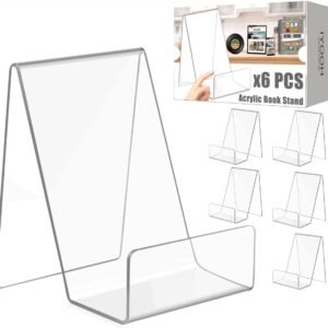 oem/odm 6 pack acrylic book stands for display, clear book holder display stand, 4inch small easel picture stands for display, acrylic display stands for vinyl, photo, postcard, magazine (with protectivefilm) wholesale supplier & factory