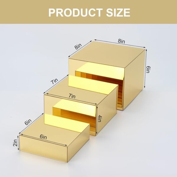 oem/odm 3 pcs acrylic display nesting riser stands, mirror gold acrylic risers for display cube box stereoscopic display stand, acrylic food display risers for catering dessert jewelry character party wholesale supplier & factory