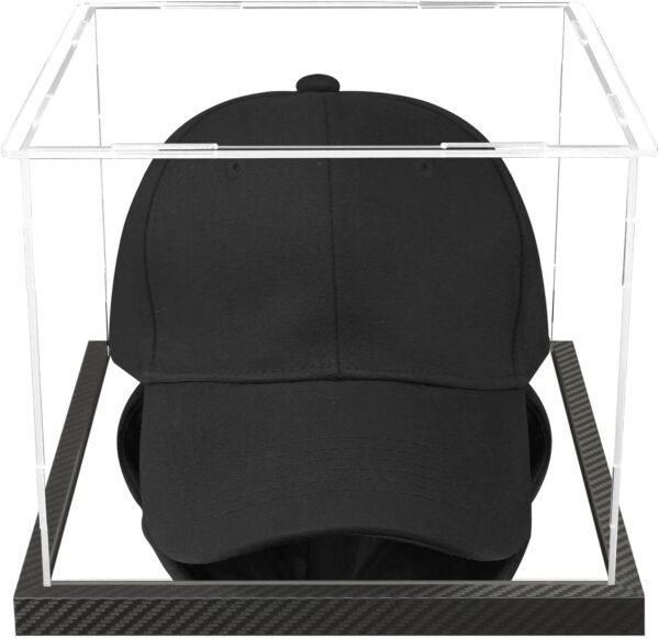 oem/odm clear hat display case acrylic baseball cap holder stand transparent hat storage box dustproof square uv protection cabinet with carbon fiber skin base and removable mirror base wholesale supplier & factory
