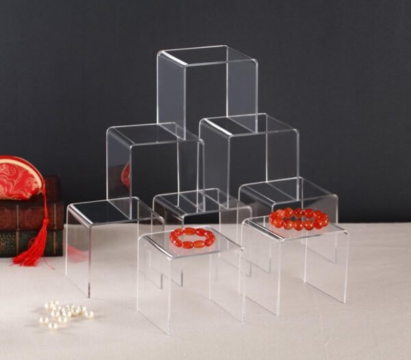 oem/odm jusalpha® 8 pc 4'' clear acrylic risers, acrylic display risers shelf showcase fixtures for jewelry, display stand for amiibo funko pop figures, cupcakes, food display, cabinet- lot of 8 (4x4x4 inches) wholesale supplier & factory