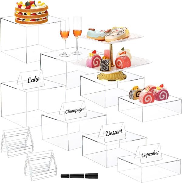 oem/odm 8 pcs acrylic cube riser with 8 signs clear buffet riser acrylic cake dessert stand 6/6.5/ 7/ 8inch for food display dessert table nesting acrylic stand with hollow bottom for wedding party wholesale supplier & factory