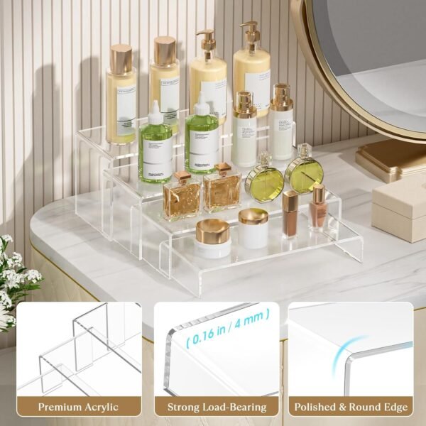oem/odm maxgear 8 pcs 2 sets acrylic display risers, 8",8",9",9", 4 tier clear plastic rectangle display stand shelf for figures, desserts, perfume, cupcakes, strong support riser for retail, jewelry, shoes wholesale supplier & factory