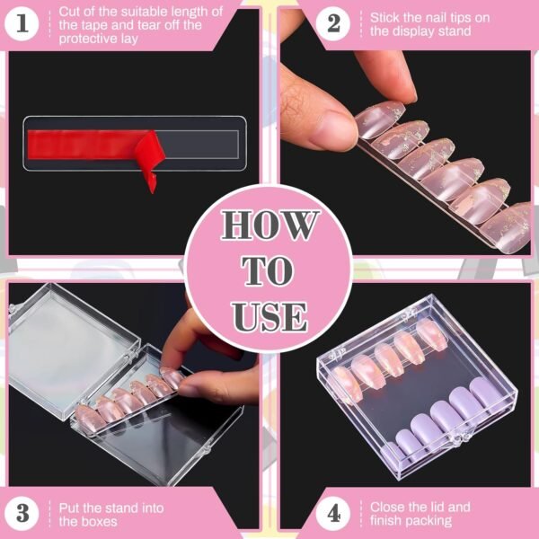 oem/odm 66 pcs artificial nail storage box and nail art display stand holder set, 15 plastic false nail packaging boxes 50 clear press on nail stand with 5 m double sided tape for acrylic nails practice salon wholesale supplier & factory