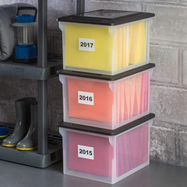 oem/odm sterilite file box, stackable storage bin with lid, plastic container to organize taxes, papers in the home, office, clear base with black lid, 4-pack wholesale supplier & factory
