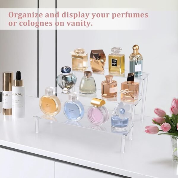 oem/odm acrylic riser,2 pcs clear display risers stand cologne organizer acrylic shelves 3 tier shelf for amiibo funko pop figures cupcake food desserts holder perfume collection cosmetic product wholesale supplier & factory