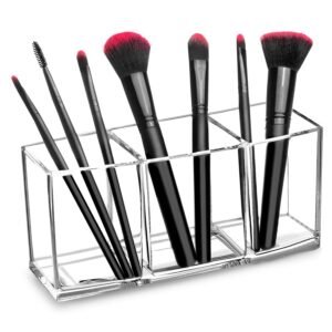 oem/odm hblife clear makeup brush holder organizer, acrylic cosmetic brushes storage with 3 slots, eyeliners display case for vanity wholesale supplier & factory