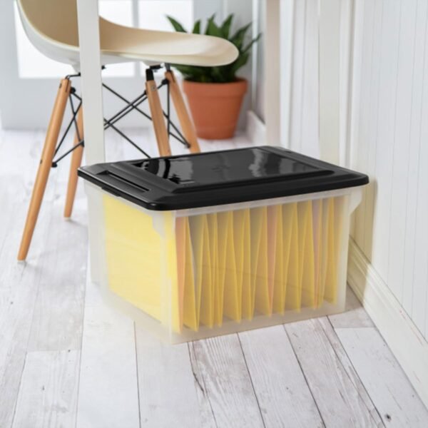 oem/odm sterilite file box, stackable storage bin with lid, plastic container to organize taxes, papers in the home, office, clear base with black lid, 4-pack wholesale supplier & factory