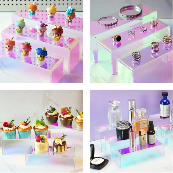 oem/odm iridescent risers display stands, 6 pcs acrylic display stand, rainbow rectangle risers shelf, colorful retail vendor showcase stands for perfume jewelry purse figure collectibles food buffet wholesale supplier & factory