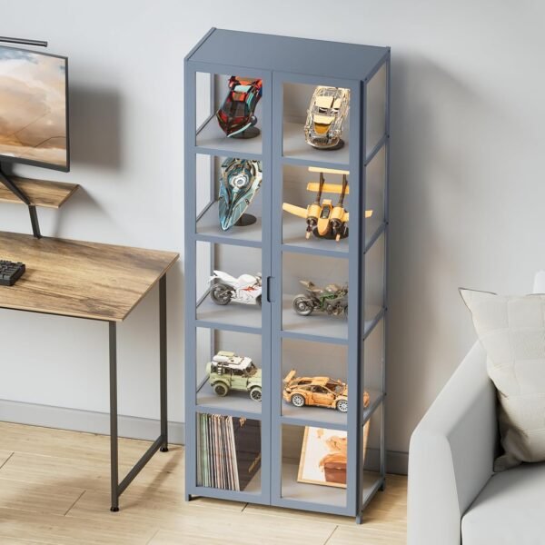oem/odm curio display cabinet, 5-tier acrylic display case with double door 64” tall display cabinet for collectibles figures trophy for living room office and bedroom- grey wholesale supplier & factory
