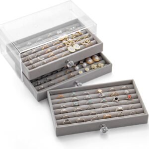 oem/odm ring box, ring display holder, clear 3 drawer velvet jewelry storage tray organizer for ring stud earring (grey) wholesale supplier & factory