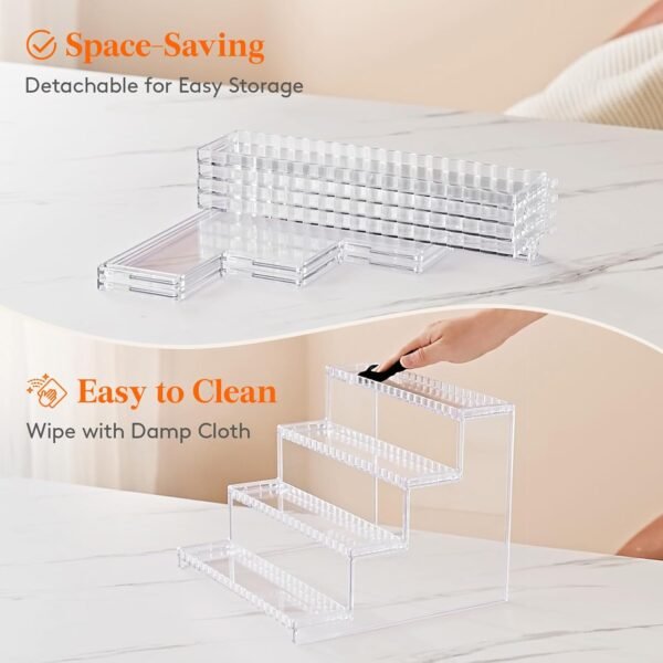 oem/odm lifewit 4 tier clear display risers stand with decorative fences, plastic 12 inch perfume organizer, display for figures, cupcake, dessert, desktop stand for organization and decor, 1 pack wholesale supplier & factory