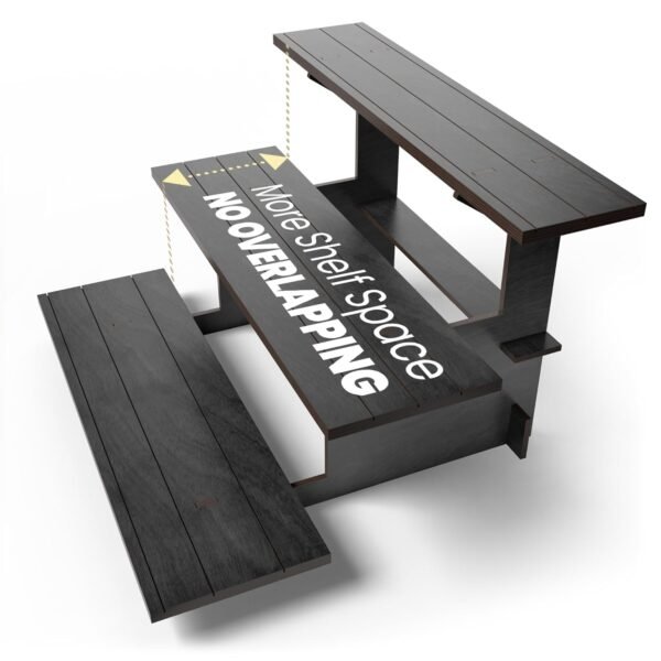 oem/odm straight black wooden tiered stand, portable products shelf, jewelry and card rack, risers, altar shelf, stand for vendor events wholesale supplier & factory
