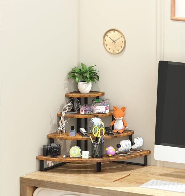 oem/odm eliteroo tiered display stand, wooden display risers, 4 tier display shelf for vendors retail craft show market, table top display rack for cupcakes perfume figures candles makeup, curved corner wholesale supplier & factory