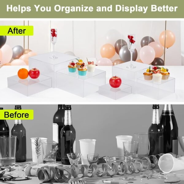 oem/odm buffet risers, 6pcs risers display stand for buffet table display acrylic dessert risers box, acrylic cube display stands for party, wedding and event decor, clear, large sizes: 6''7''8" 9" 10" 11'' wholesale supplier & factory