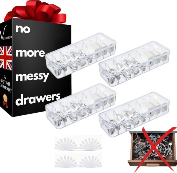 oem/odm 4-pack clear cable management boxes with 40 silicone ties - durable cord organizer storage solution for desk accessories, electronics, cosmetics, jewelry - versatile home & office organization kit wholesale supplier & factory