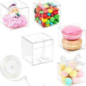 oem/odm 2x2x2 inches clear favor boxes, 100 pack small plastic gift boxes with ribbons for macaroons treats candies wedding baby shower birthday party favors wholesale supplier & factory