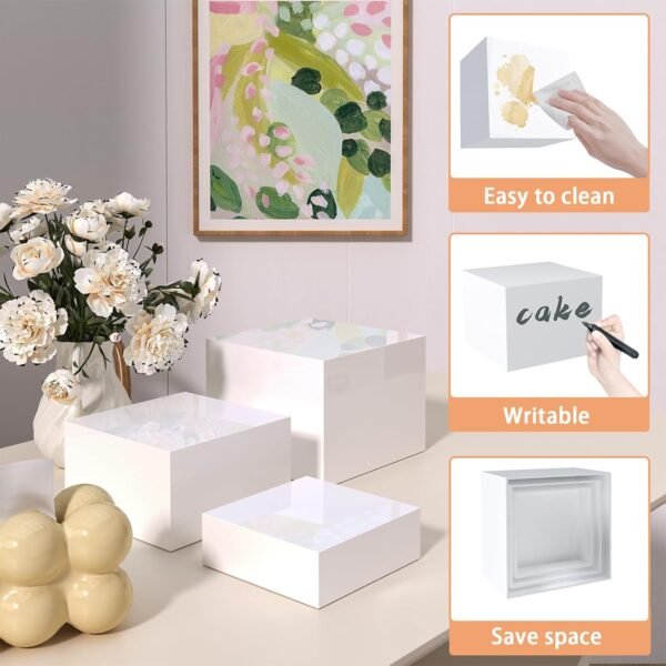 oem/odm buffet risers, food display risers for party, white acrylic risers display stand for buffet table, catering displays for dessert, cube box nesting riser with hollow bottoms (8"x9"x10" 3pcs) wholesale supplier & factory