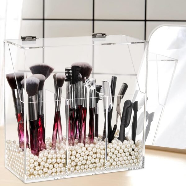 oem/odm okllen makeup brush holder with dustproof lid, white pearls, acrylic clear makeup brush organizer with 3 compartment, large cosmetic brush storage box case for vanity, bathroom, bedroom wholesale supplier & factory
