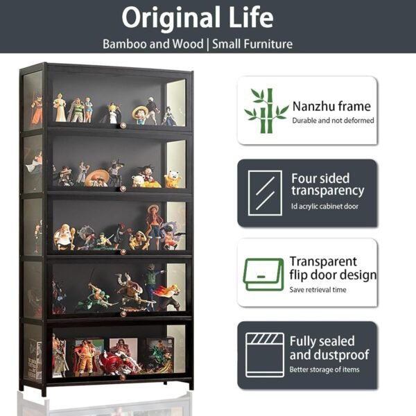 oem/odm curio display cabinet, 5 tier storage shelves with acrylic glass door, transparent bamboo display case for figures, display shelves for collectibles & kids bookcase for home (black flip door) wholesale supplier & factory