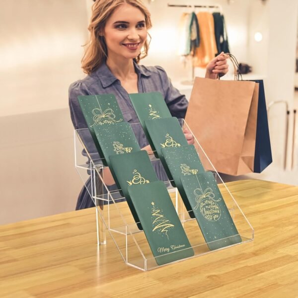 oem/odm pecmuikee greeting card display, 4 tiers clear acrylic sticker display stand for vendors retail, display photo stand for counter tabletop display supplies, 1 set wholesale supplier & factory