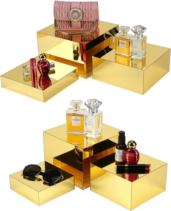 oem/odm display nesting riser stands ,mirror gold acrylic stereoscopic display stand,6 sizes, hollow bottom, food display lifter,acrylic box rack dessert collection jewelry character party rack wholesale supplier & factory