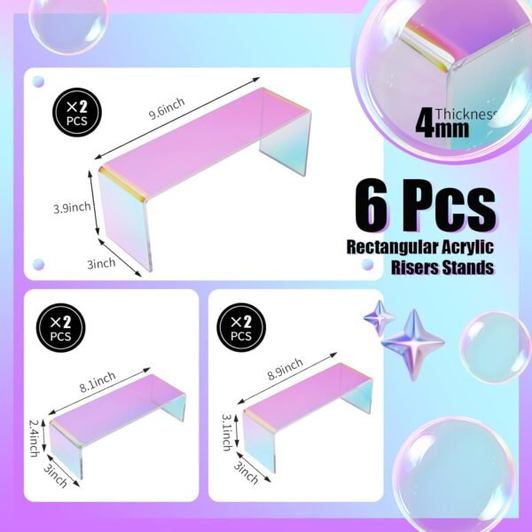 oem/odm iridescent risers display stands, 6 pcs acrylic display stand, rainbow rectangle risers shelf, colorful retail vendor showcase stands for perfume jewelry purse figure collectibles food buffet wholesale supplier & factory