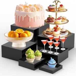 oem/odm 6pcs buffet risers,food risers for buffet table display stand shelf for party catering desset jewelry collectibles acrylic cube boxes display nesting risers with hollow bottoms black wholesale supplier & factory
