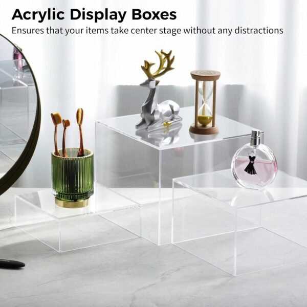 oem/odm 6 pcs 3 sizes acrylic display riser boxes,5 sided with hollow bottoms transparent acrylic cube display nesting risers, acrylic boxes for food display,large medium small clear display stand wholesale supplier & factory