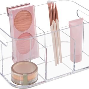 oem/odm stori bliss 5-compartment plastic cosmetics storage organizer | clear | rectangular divided makeup bin & vanity caddy with pass-through handles | round corner design | made in usa wholesale supplier & factory