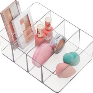 oem/odm stori 4-compartment clear plastic organizer, rectangular divided makeup and vanity storage bin, use upright for eyeshadow palettes, made in usa wholesale supplier & factory