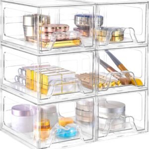 oem/odm 6 pack stackable makeup organizer, 4.4'' tall acrylic bathroom makeup organizer and storage drawer with pull-out handle, clear plastic storage bins for vanity,pantry,desk,undersink,kitchen wholesale supplier & factory