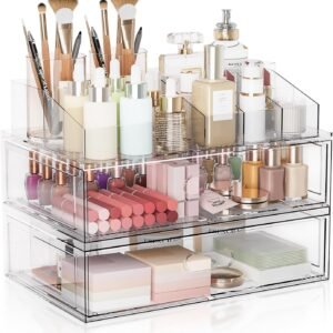 oem/odm 3 tier clear stackable makeup organizer with drawer, 12''w acrylic storage drawers, cosmetic display case for vanity bathroom countertop, beauty holder for lipstick brush skincare perfume wholesale supplier & factory