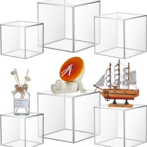 oem/odm kigley 6 pcs acrylic boxes for display, 4''x4'', 5''x5'', 6''x6'', small square clear cube nesting riser showcase crystal cupcake stand pedestal organizer base for food jewelry display, 5 sides wholesale supplier & factory