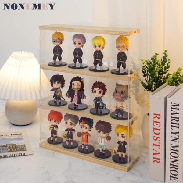 oem/odm nonemey clear acrylic display case stand with wood base 2 tier、3 tier、12/24 compartments storage box wall mount showcase dustproof organizer box for collectibles (3tier 12×3.3×15inch) wholesale supplier & factory