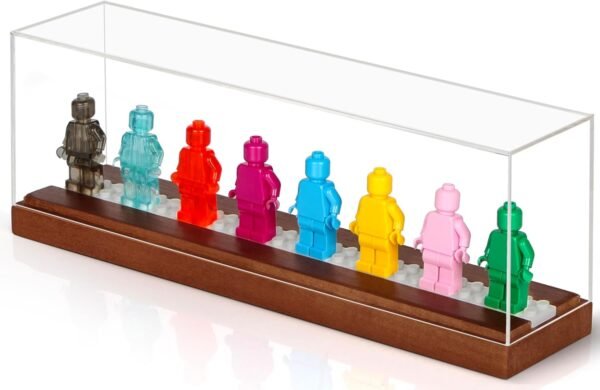 oem/odm display case compatible with mini action figures, shelf display stand storage box for all major brands interlocking figure with wooden base and acrylic lid, 26 x 5.6 cm wholesale supplier & factory