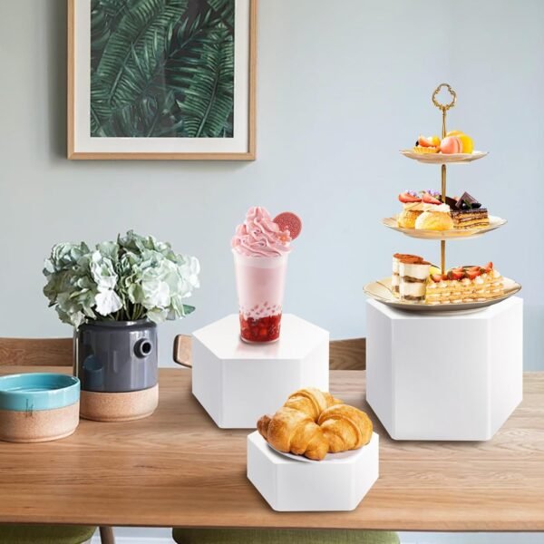 oem/odm 6 pcs buffet risers, dessert stands, acrylic boxes for display, hexagonal jewelry showcase, riser display cases acrylic display base (white) wholesale supplier & factory