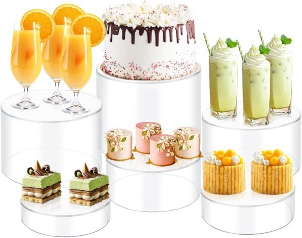 oem/odm 6pcs buffet risers, food risers for buffet, acrylic boxes for display round riser display cases acrylic round display base, clear wholesale supplier & factory