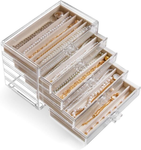 oem/odm necklace holder organizer, dustproof necklace box velvet necklace organizer box with lid clear acrylic dustproof stackable jewelry displays for necklaces chain display (beige, 5 drawer) wholesale supplier & factory