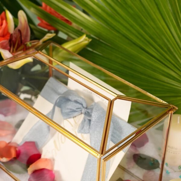 oem/odm 12.6" glass card box wedding card box with lock for wedding reception cosmetic home decor, handmade large geometric terrarium with hinged lid, brass frame - (golden/roof) wholesale supplier & factory