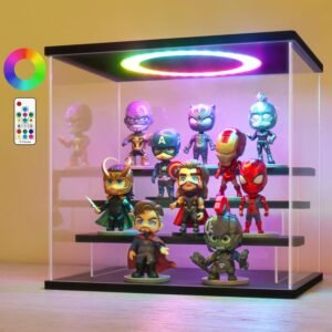 oem/odm lanscoery acrylic display case with color changing led light, clear 4 tier organization, dustproof black display box, exclusive showcase for collectibles, mini figures and funko pop, 11.8x8.9x11inch wholesale supplier & factory