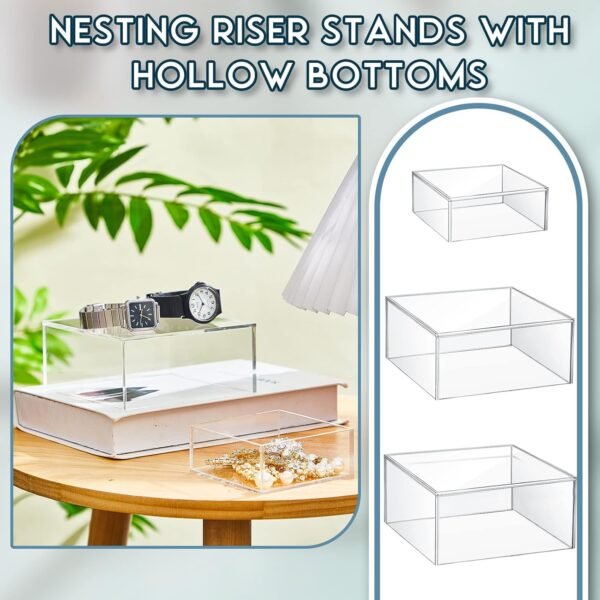 oem/odm jerify 6 pcs acrylic risers display stands, 5.91'' 5.12'' 3.54'', clear square nesting pedestal shelf with hollow bottom for tabletop jewelry display, 3 sized wholesale supplier & factory