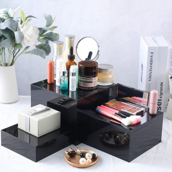 oem/odm 6 pcs acrylic display risers acrylic boxes acrylic display nesting cubes 5 sided with hollow bottoms display stand shelf for cosmetics food collectibles jewelry figures show (black) wholesale supplier & factory