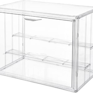 oem/odm attelite clear acrylic display case,3 tier display shelf with 2 movable plate, stackable protection showcase for action figures, display storage box countertop with magnetic door wholesale supplier & factory